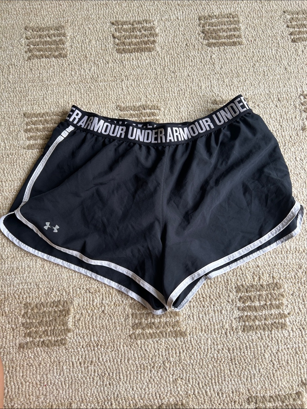 Under Armour Black Athletic Shorts with White Trim and Branded Waistband